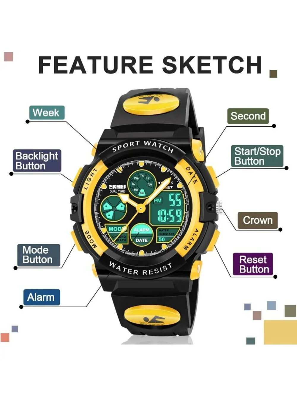 Kid's Black And Yellow Analog Quartz Multi Function Waterproof LED Digital Watch